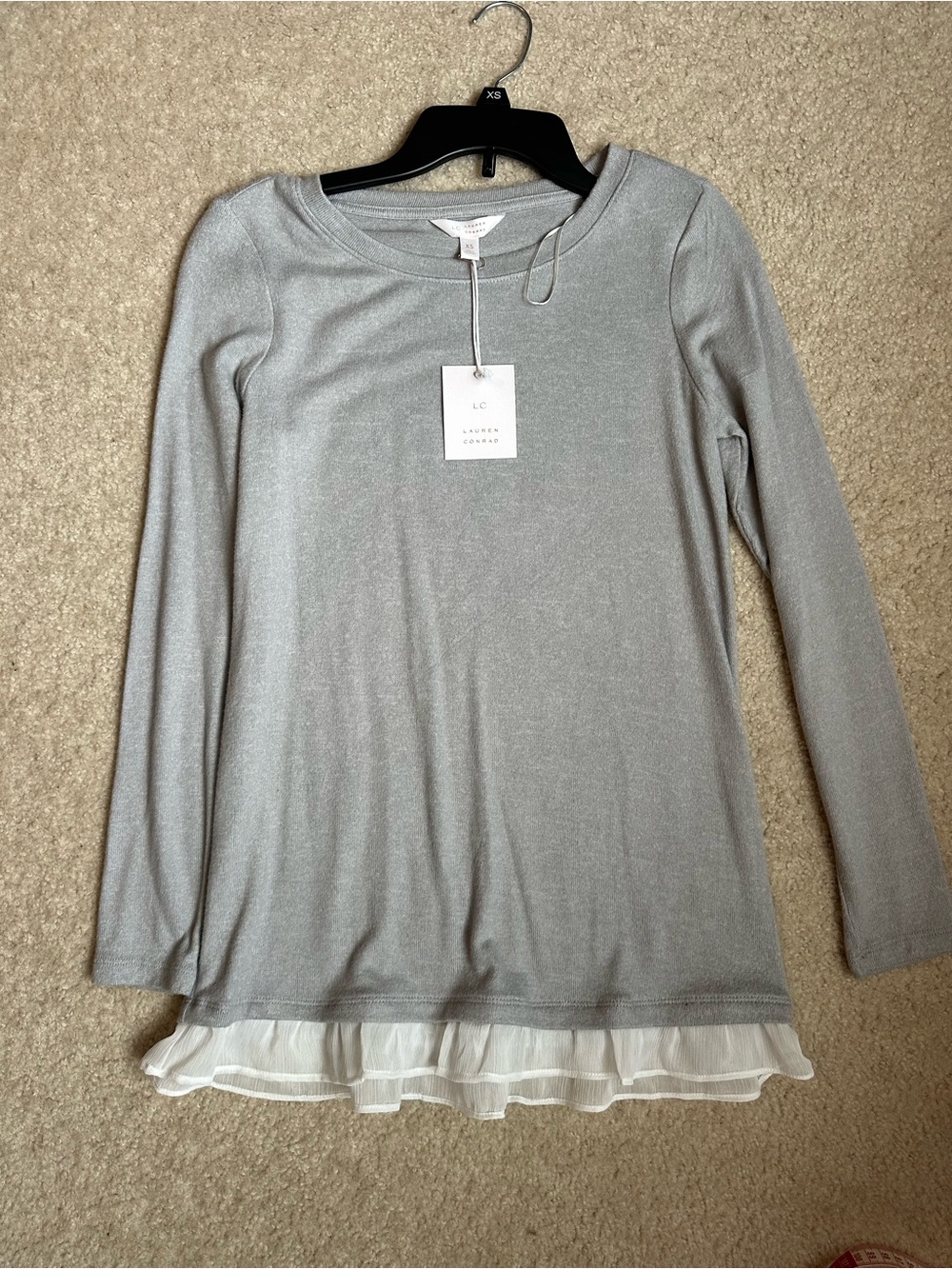 LC Lauren Conrad Light Grey Knit Crewneck Top with Ruffle Trim